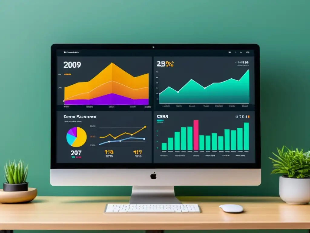 Implementación CRM código abierto en moderno dashboard, con gráficos vibrantes y métricas de rendimiento, en elegante monitor de computadora