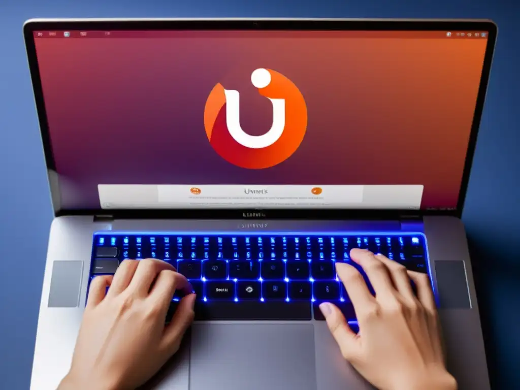 Acceso a la informática de calidad: Logo de Ubuntu en pantalla de portátil, ambiente profesional y moderno