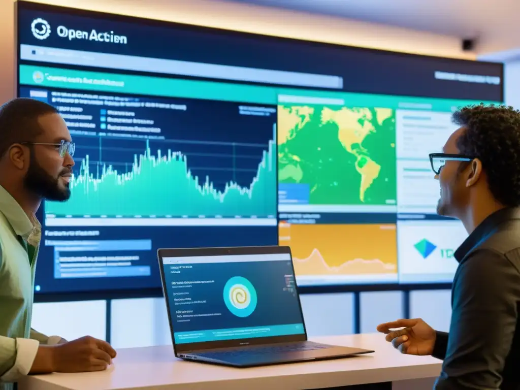 Activistas colaborando en herramientas de software de código abierto para el activismo ambiental, en una escena inspiradora y colaborativa