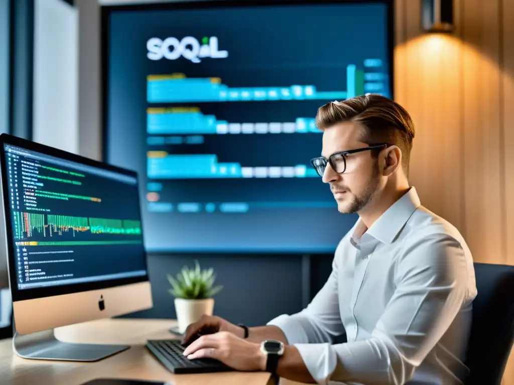 Un administrador de base de datos optimiza consultas SQL en un entorno profesional y minimalista