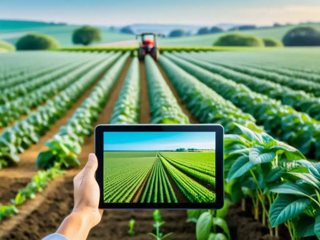 Un agricultor moderno monitorea su campo con tecnología sostenible y software de código abierto