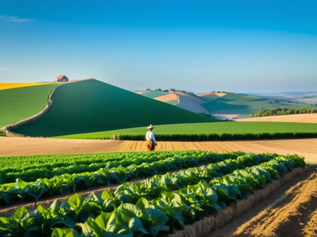 Un agricultor en ropa tradicional sonríe satisfecho, observando un campo de cultivos verdes bajo el sol