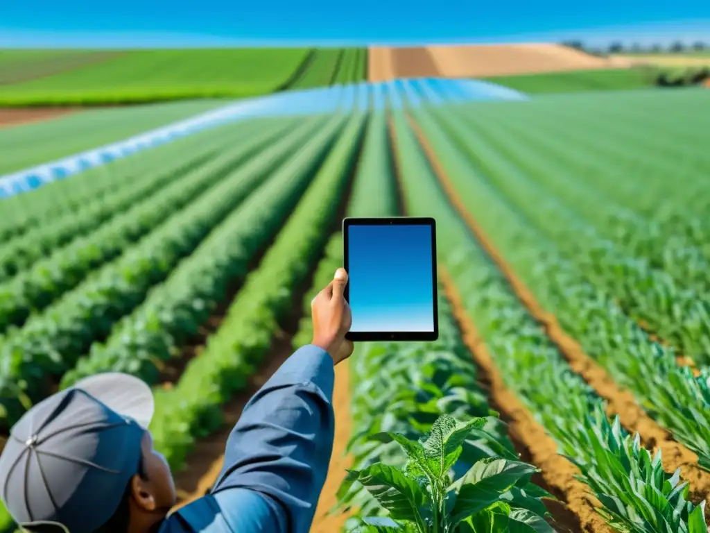 Agricultura sostenible: campo verde extenso se fusiona con tecnología de software código abierto, un agricultor monitorea cultivos con una tableta