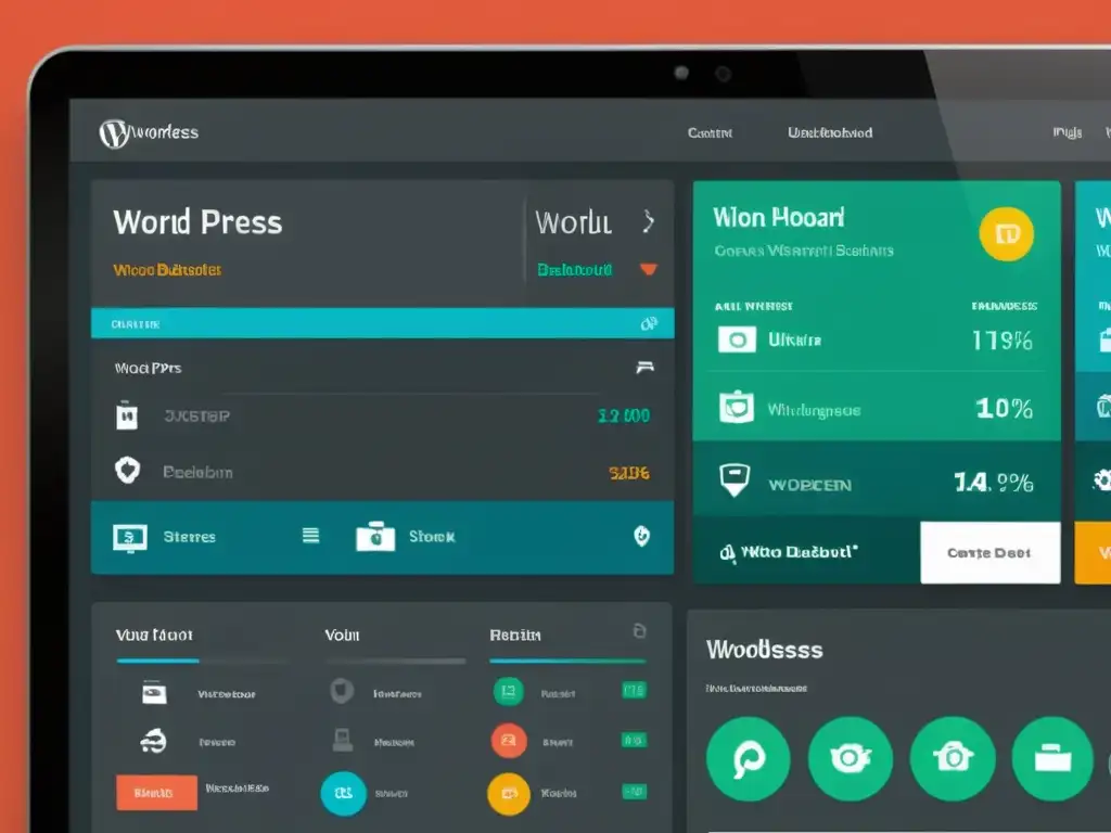 Maximizar alcance con tipos de contenido en WordPress: Dashboard moderno y organizado con plugins y herramientas, colores vibrantes y detalles nítidos