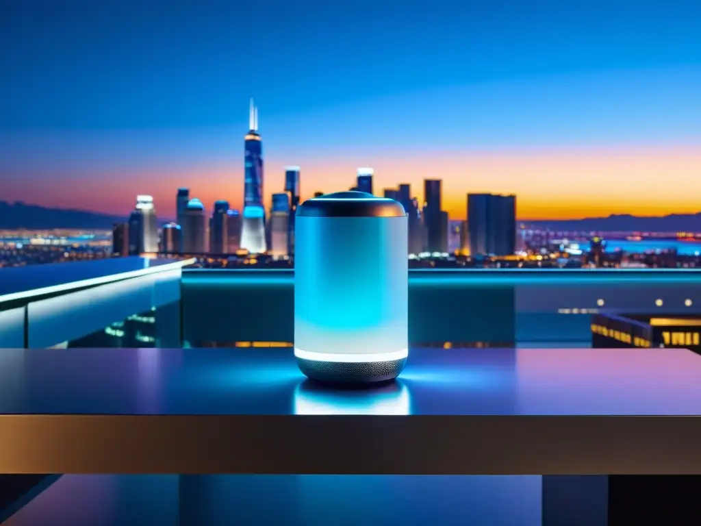 Un altavoz inteligente moderno ilumina un escritorio minimalista, con un fondo de ciudad futurista de alta tecnología de noche