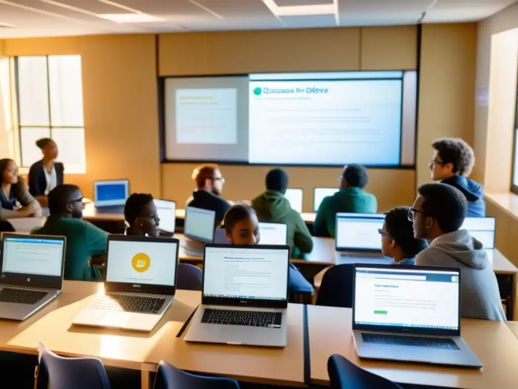 Aula innovadora con software libre: aprendizaje colaborativo Alumnos usando software de código abierto en un aula soleada, fomentando el impacto del software de código abierto en educación