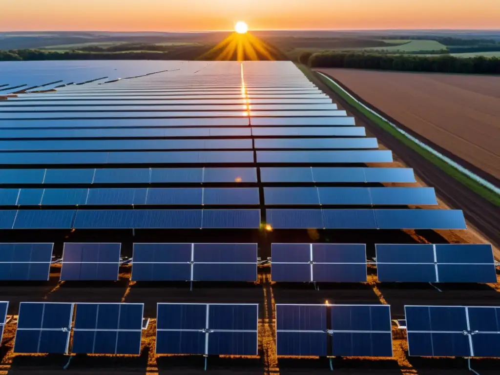 Un amanecer dorado ilumina un campo solar, mostrando el impacto del código abierto en energías renovables