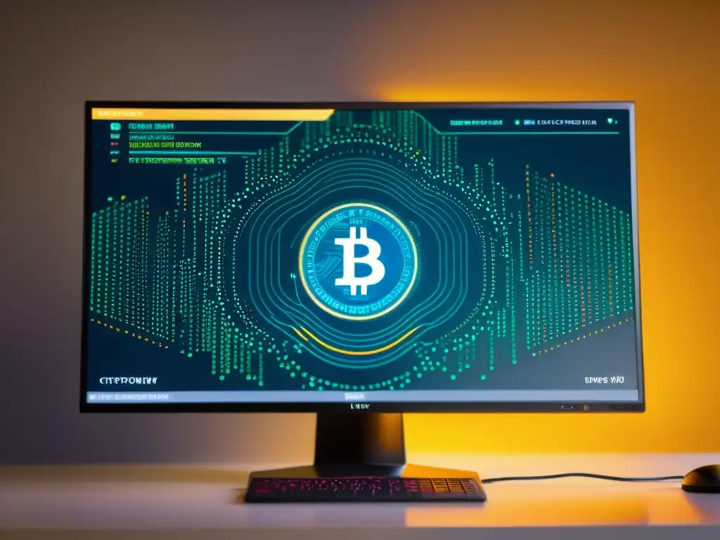 Un ambiente futurista y minimalista con un monitor que muestra código de criptomonedas en Linux
