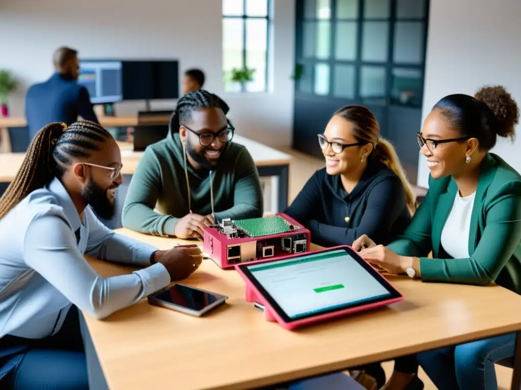 Un ambiente moderno donde personas diversas colaboran en proyectos de código abierto en Raspberry Pi