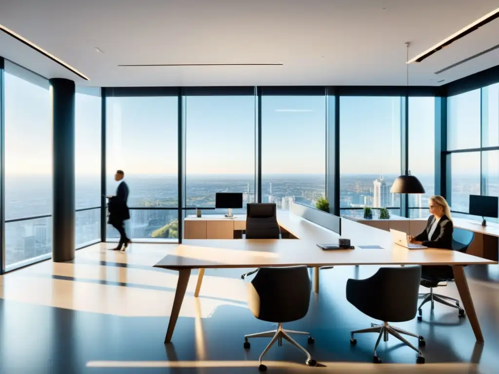 Un ambiente de oficina moderno y luminoso con una vista impresionante de la ciudad y un equipo trabajando