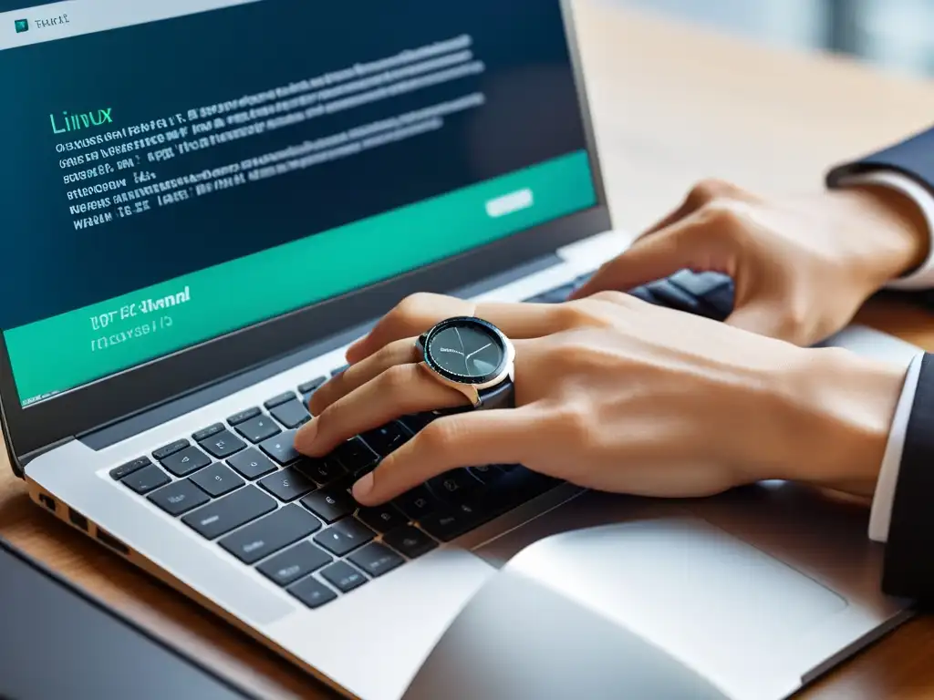 Un ambiente profesional y acogedor, con un elegante teclado de laptop y un usuario comenzando en Linux