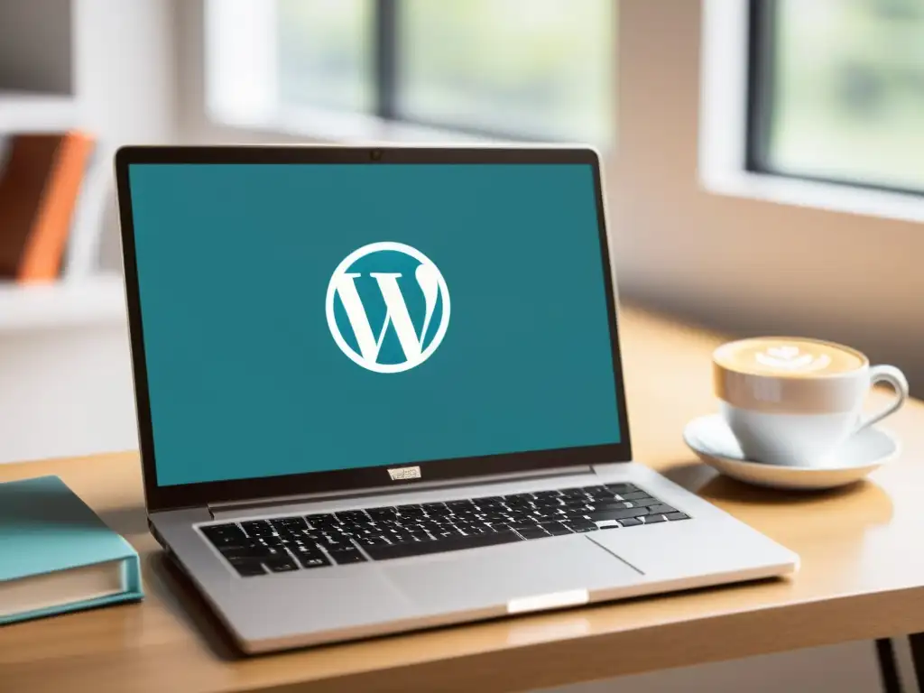 Un ambiente profesional y acogedor con un laptop moderno que muestra la integración perfecta de WordPress y Git