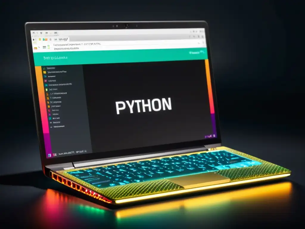 Un ambiente profesional y educativo con un moderno portátil y un editor de código Python vibrante