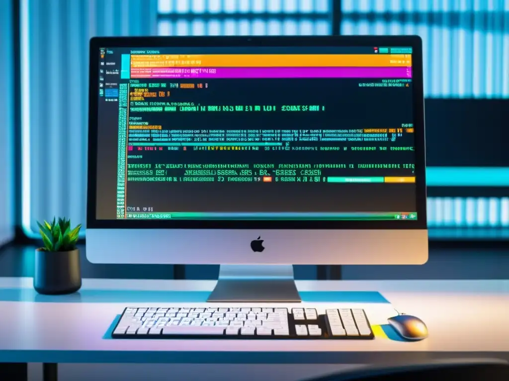 Un ambiente profesional y futurista con una pantalla de IDE y un espacio de trabajo moderno, ideal para IDEs en el aprendizaje autodidacta
