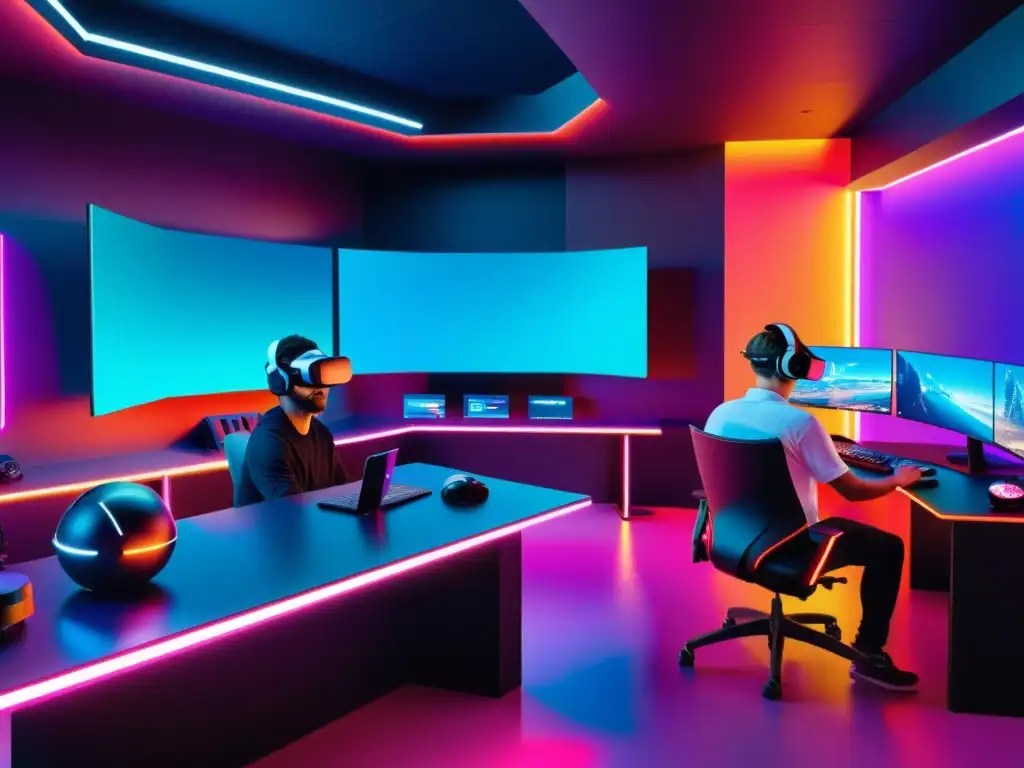 Un ambiente de realidad virtual futurista con desarrolladores de videojuegos trabajando juntos en un estudio de vanguardia