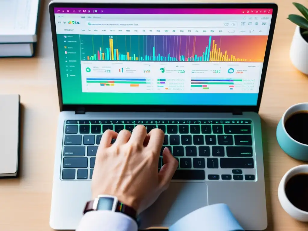 Un ambiente de trabajo enfocado, con manos escribiendo en un teclado moderno, mostrando código y visualizaciones de datos