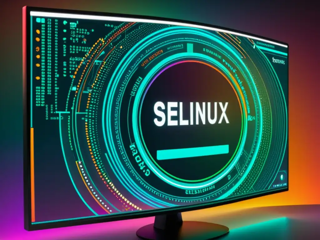 Análisis detallado seguridad SELinux Linux: pantalla de ordenador 8k con código, gráficos coloridos y diagramas de red en interfaz futurista