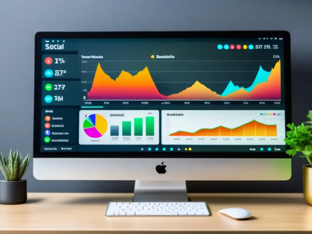 Análisis de sentimiento en redes sociales: Detalle de elegante pantalla de ordenador con atractivo panel de análisis y gráficos en vivo