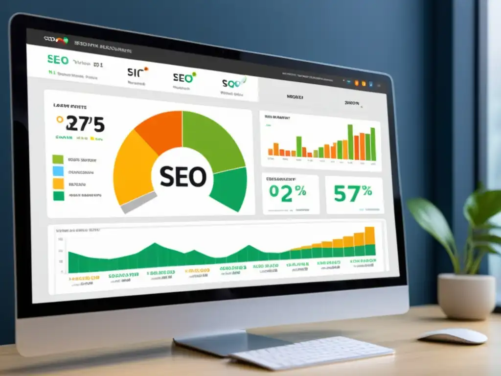Análisis SEO detallado en pantalla de computadora con gráficos coloridos y métricas de rendimiento del sitio web