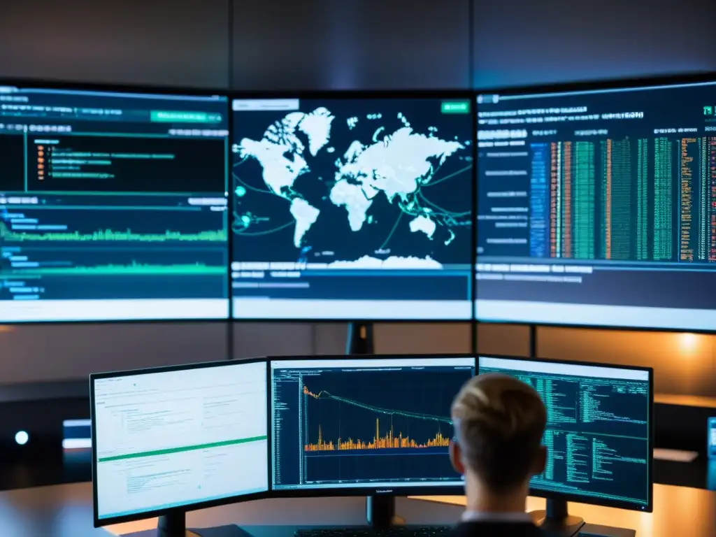 Un analista de ciberseguridad enfocado en la pantalla, rodeado de tecnología de vanguardia y firewalls open source