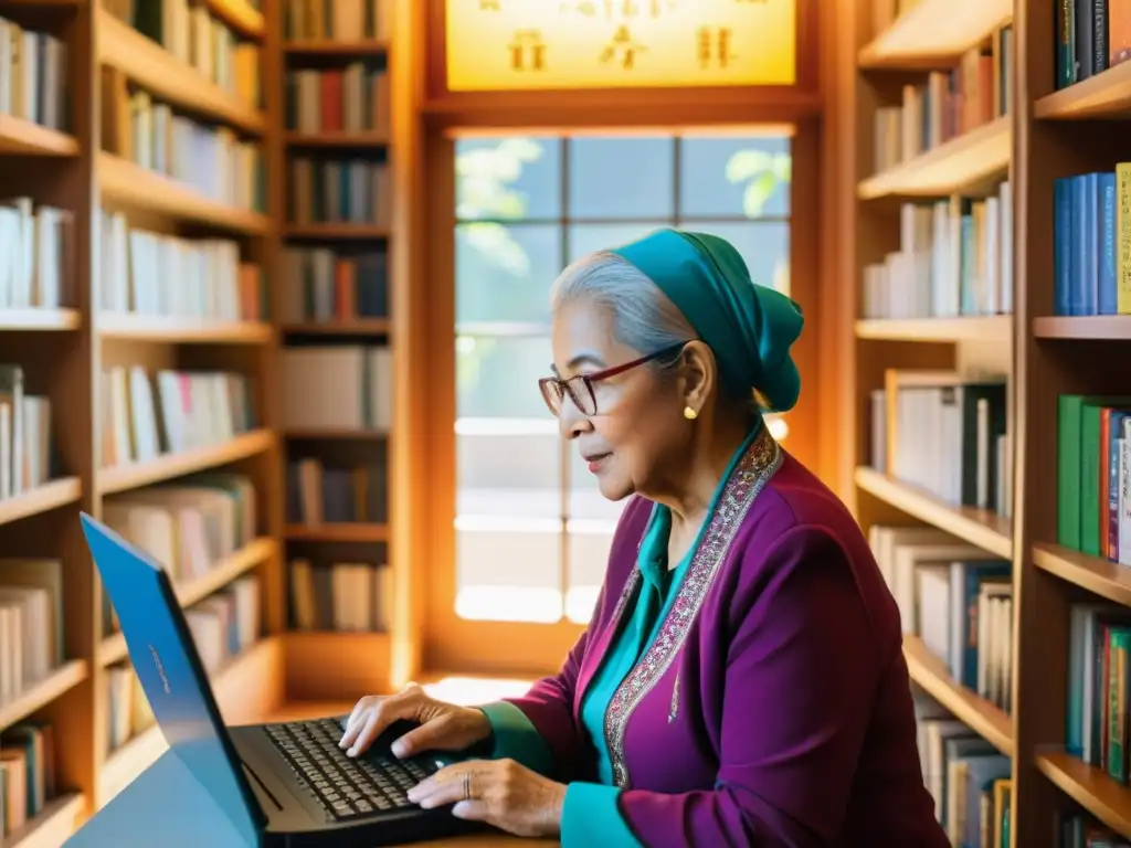 Una anciana en traje tradicional escribe en una computadora con libros en lenguas minoritarias, preservación cultural