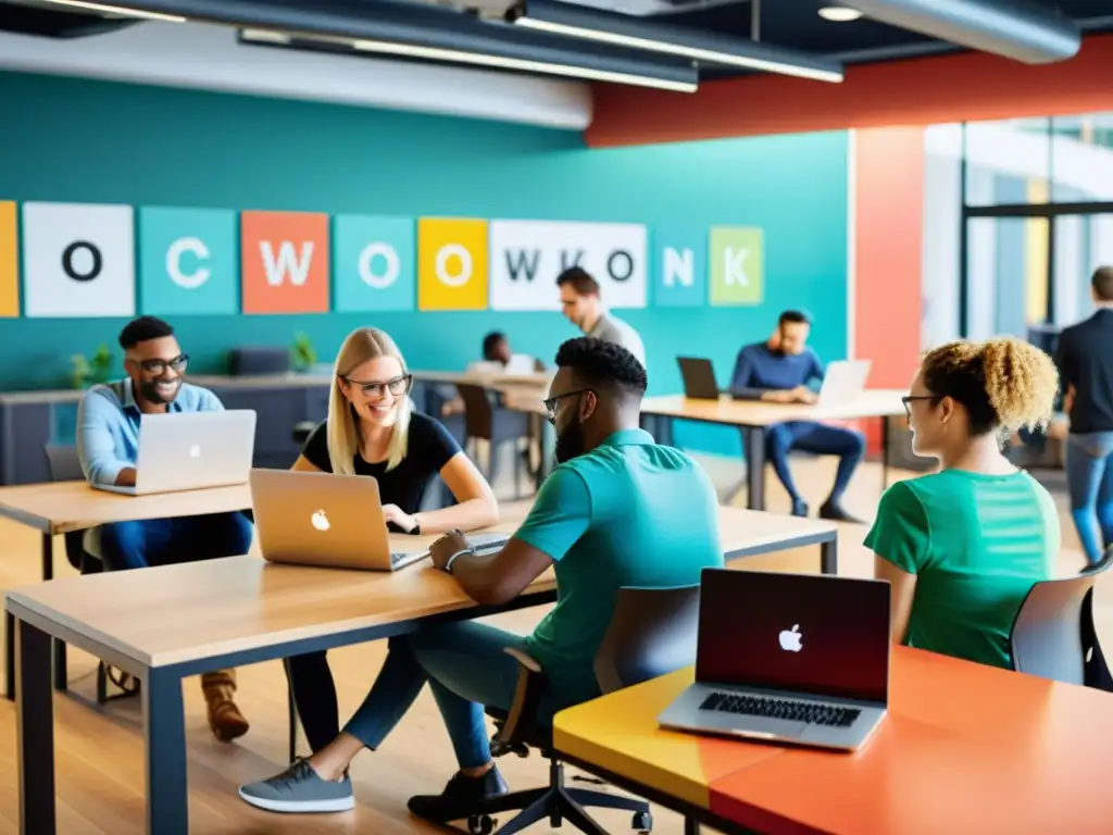 Un animado espacio de coworking con desarrolladores colaborando en laptops