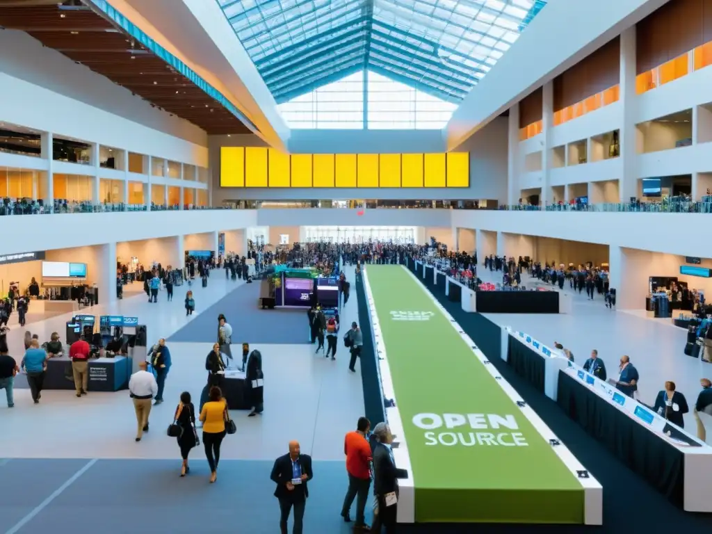 Animado lobby del centro de convenciones en el Open Source Summit, con innovación y colaboración comunitaria en el aire