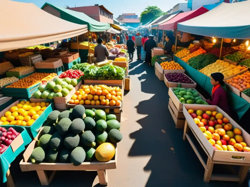 Animado mercado al aire libre con vendedores y productos coloridos