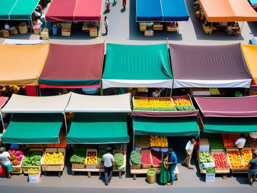 Un animado mercado al aire libre, lleno de colores vibrantes y actividad, que captura la esencia de los modelos de negocio código abierto