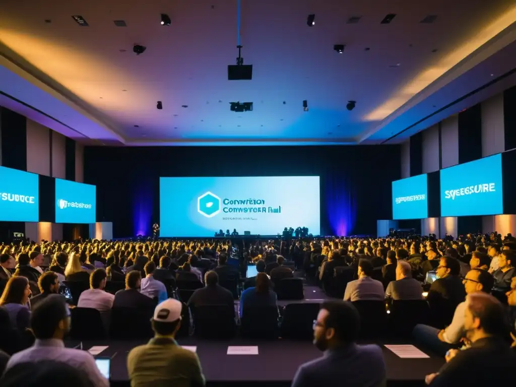 Un apasionante debate sobre tendencias software código abierto en una sala llena de entusiastas de la tecnología, con paneles luminosos y proyectores