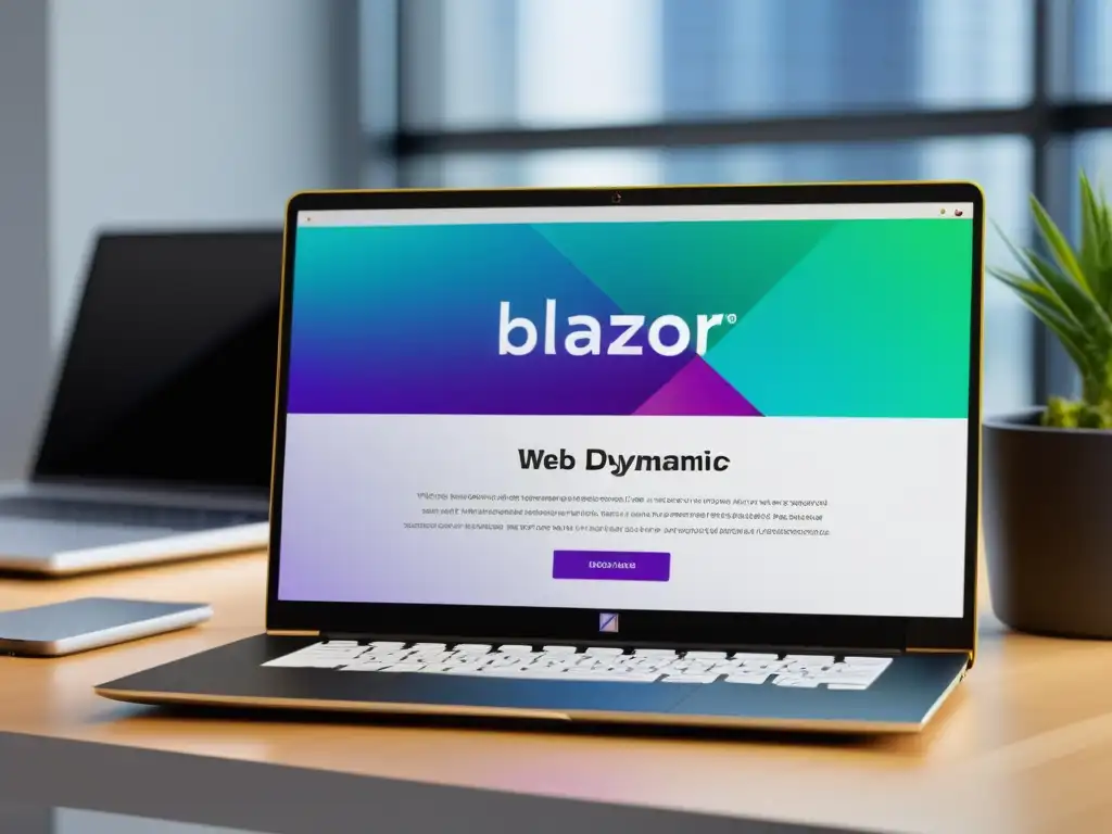 Crear aplicaciones web con Blazor: Laptop moderno muestra una aplicación web vibrante y profesional en un entorno enfocado y minimalista