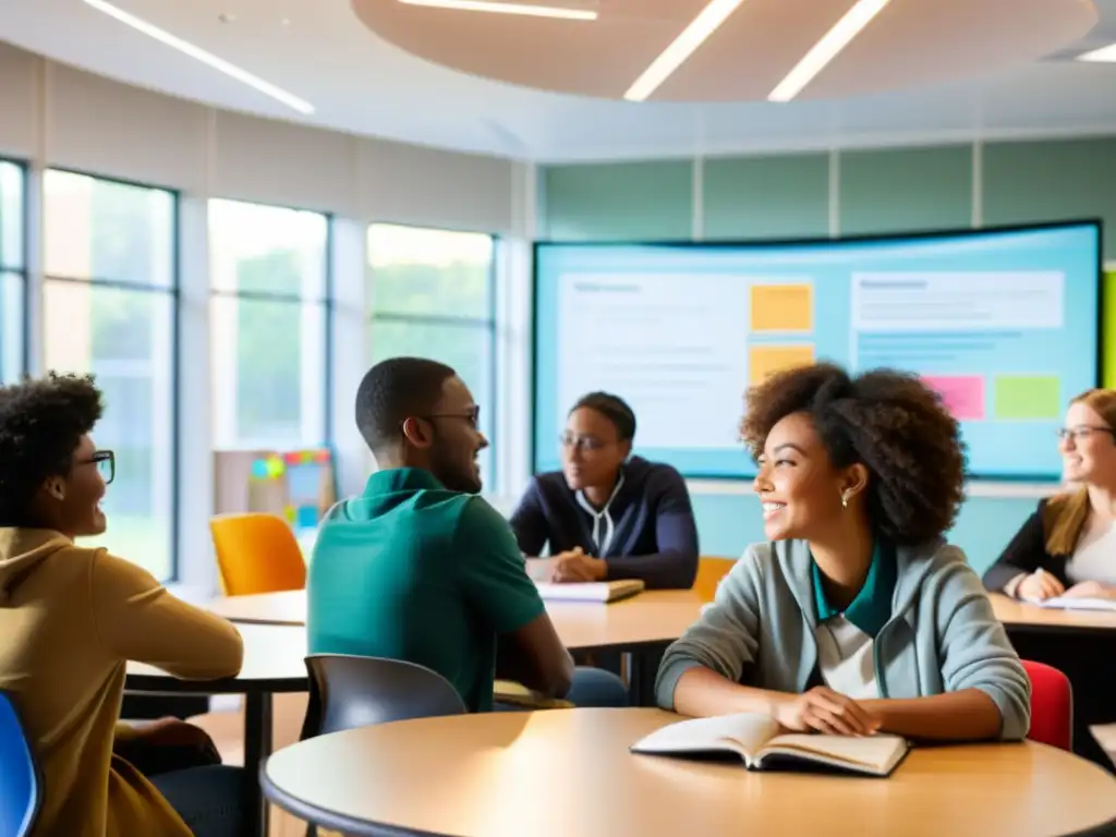 Aprendizaje colaborativo en proyectos educativos: Estudiantes diversos en animada discusión alrededor de una mesa circular, con laptops y cuadernos, iluminados por la luz del sol en un aula moderna y dinámica