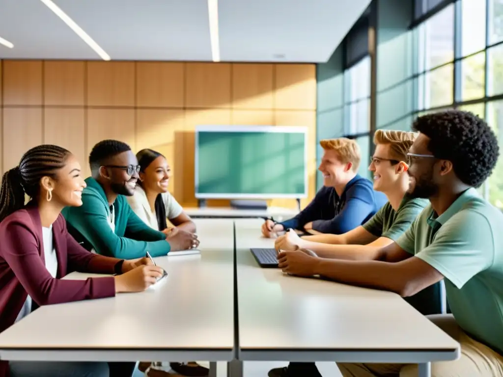 Aprendizaje colaborativo en proyectos educativos: Estudiantes diversos colaboran y comparten ideas en un aula moderna y luminosa