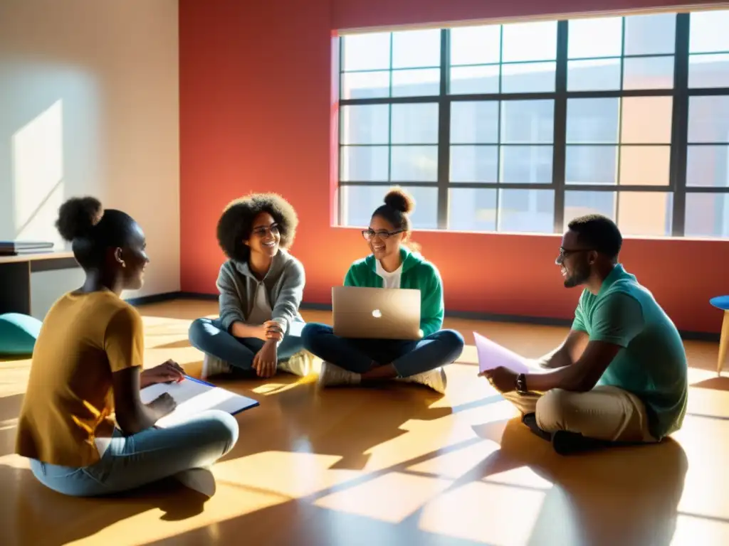 Aprendizaje colaborativo en proyectos educativos: Estudiantes diversos colaboran en un proyecto, trabajando juntos en un aula luminosa y moderna