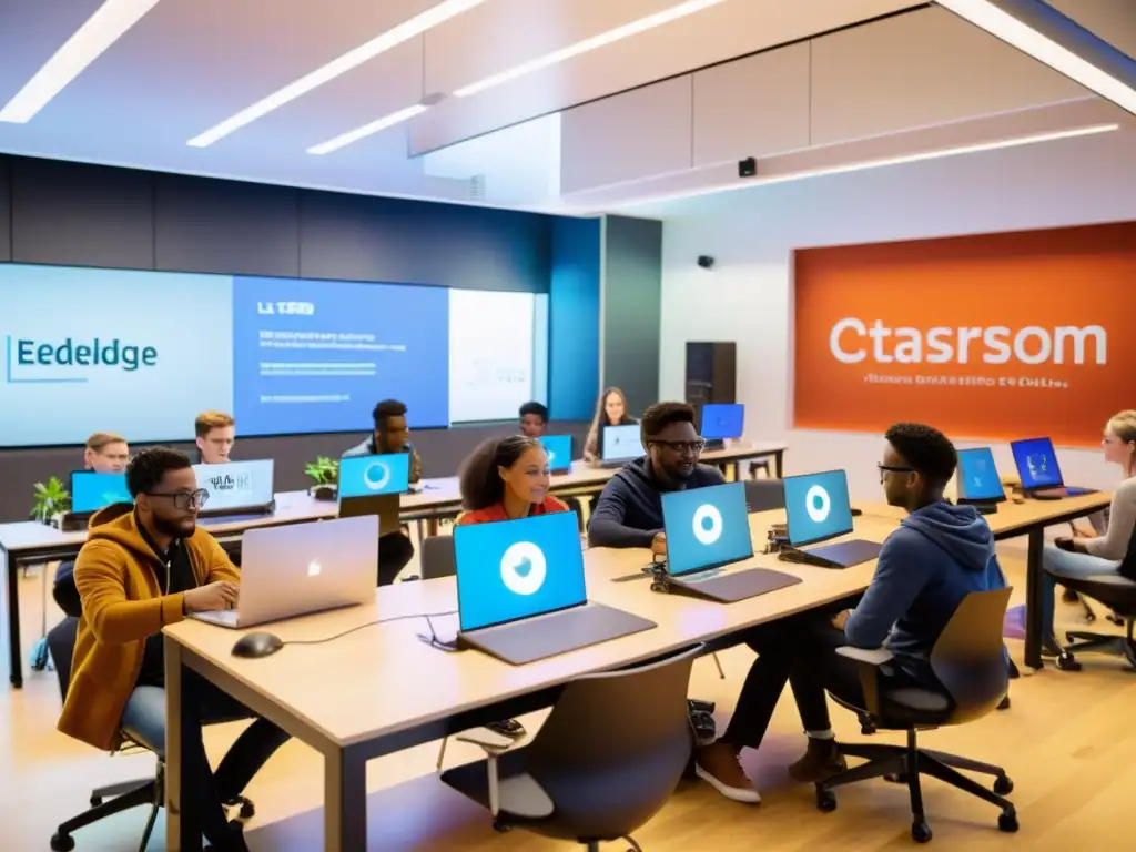 Aprendizaje colaborativo con IoT en aula moderna Aprendizaje interactivo IoT código abierto: Estudiantes colaborando con dispositivos modernos en aula luminosa y dinámica