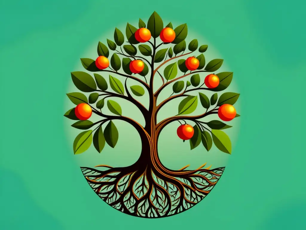 Un árbol en crecimiento, desde semilla hasta frutos, detallado y vibrante