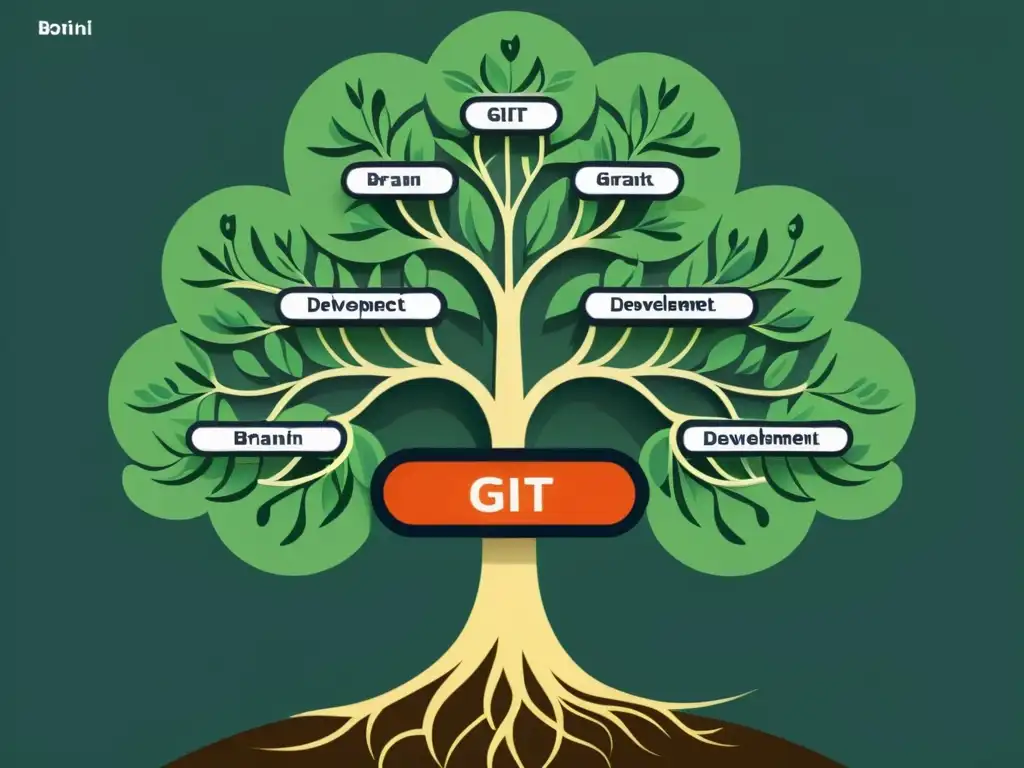 Un árbol de ramas etiquetadas con conceptos de Git, en un fondo minimalista, mostrando la complejidad de las Políticas de Branching en Git