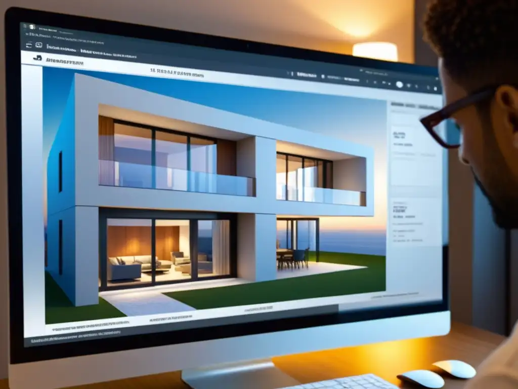 Un arquitecto utiliza software 3D para crear una detallada arquitectura moderna