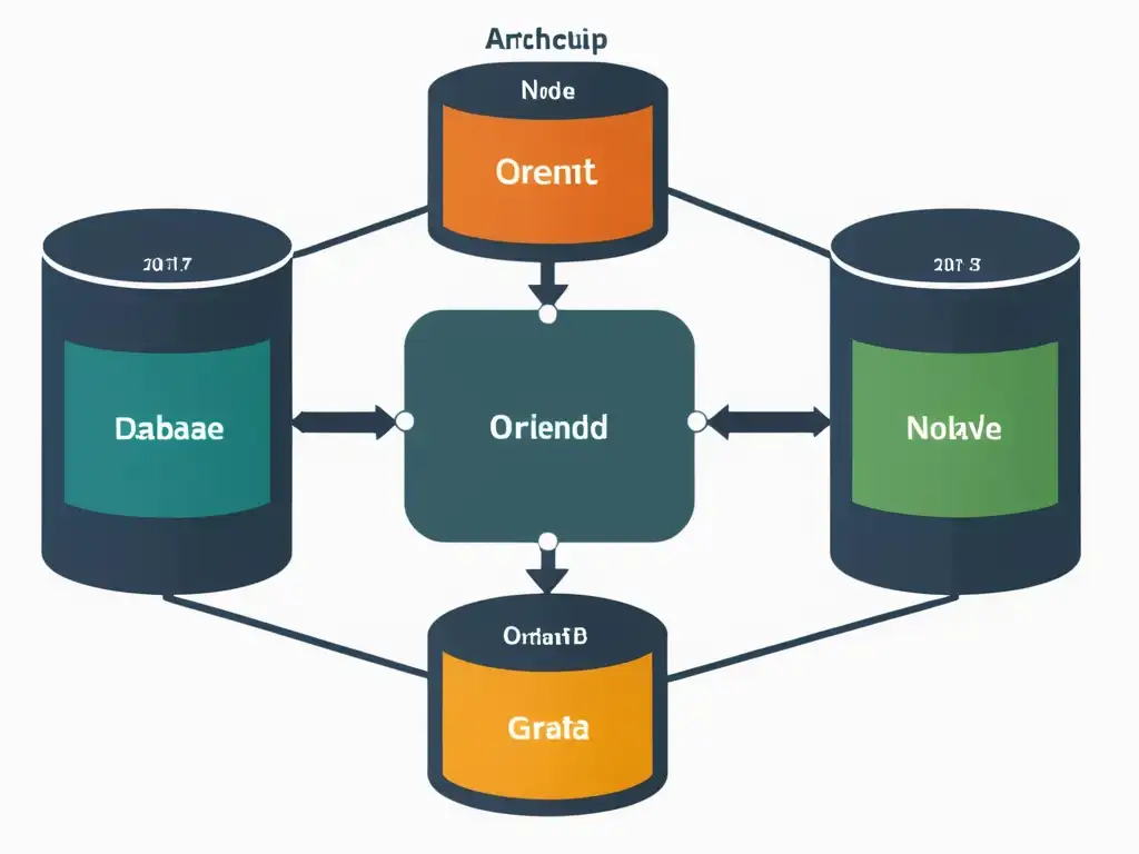 Una arquitectura de base de datos multimodelo OrientDB, con nodos interconectados y líneas de relación, mostrando su flexibilidad y versatilidad