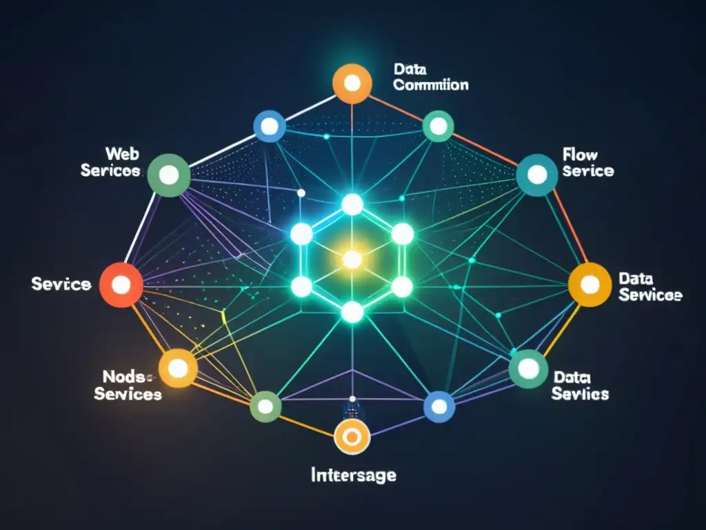 Implementación de arquitectura de microservicios: compleja red de microservicios interconectados, representada como una red de nodos brillantes y líneas, creando una atmósfera tecnológica futurista