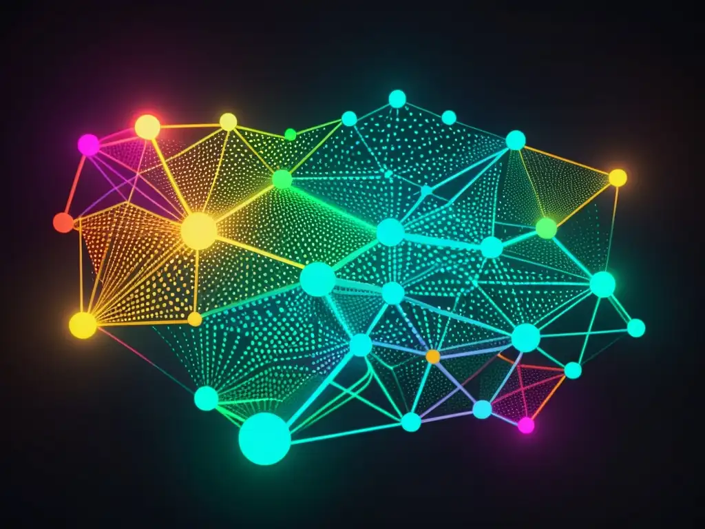 Un arte digital futurista y minimalista con nodos interconectados y flujos de datos, destacados con neón en un fondo oscuro