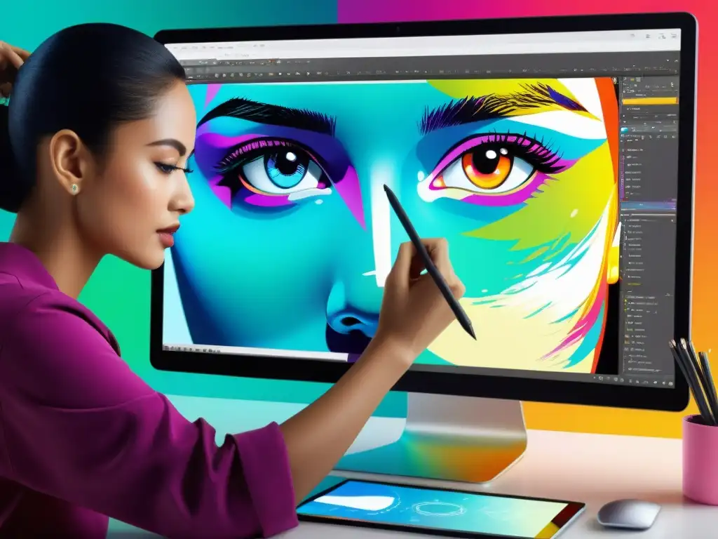 Artista digital creando una obra maestra con herramientas gráficas open source diseño digital en un ordenador moderno, vibrante y detallado