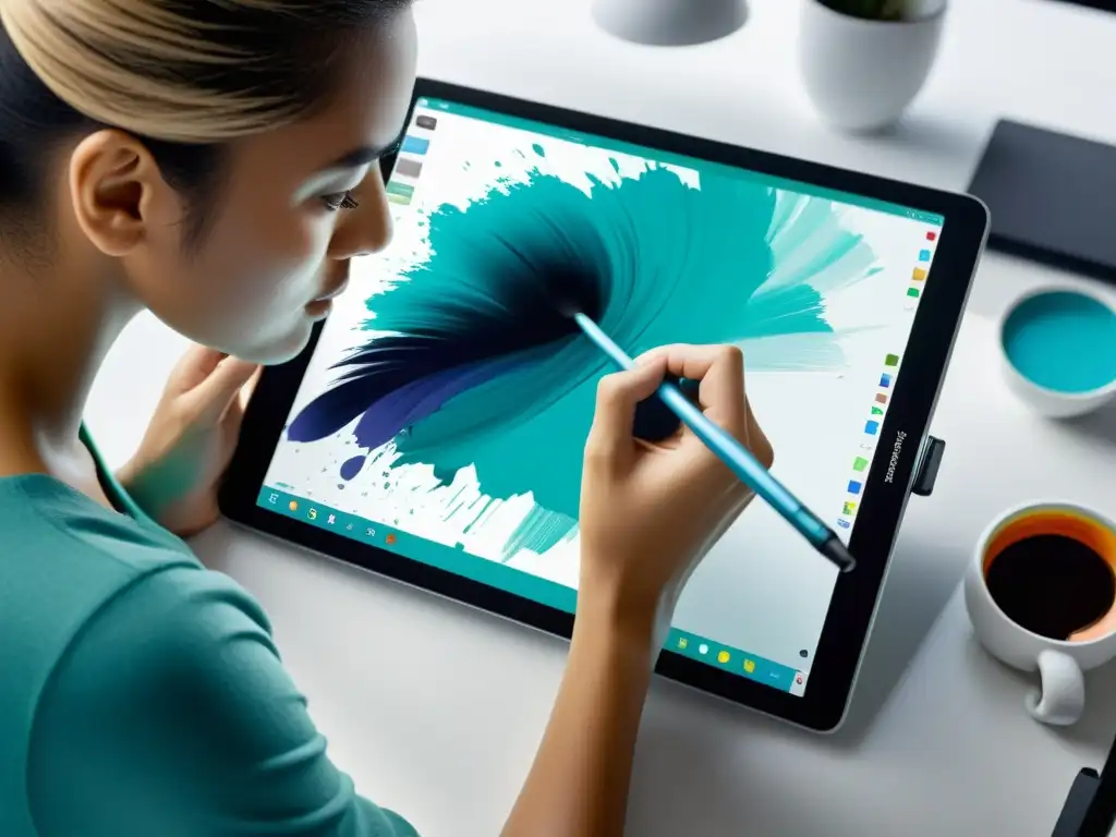 Un artista digital crea una obra vibrante con MyPaint en una tablet moderna