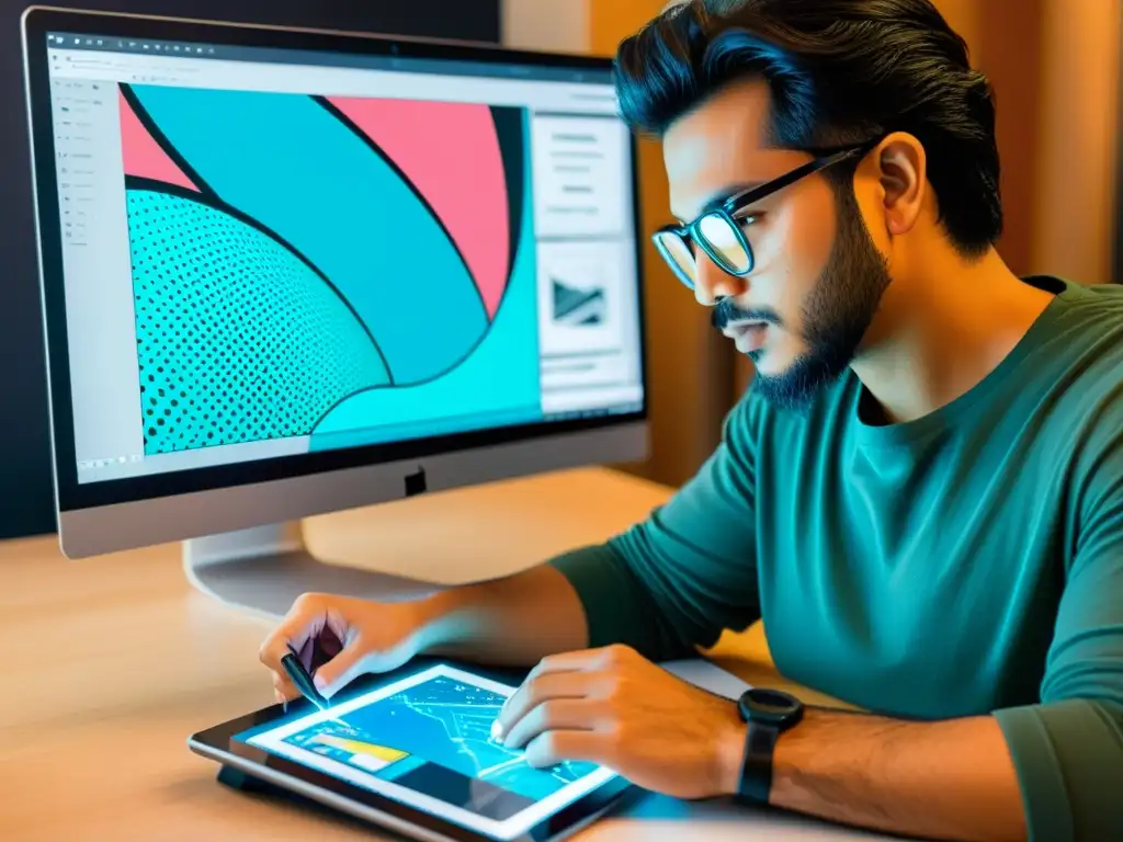 Un artista digital usando software de código abierto para crear comics digitales con energía y creatividad