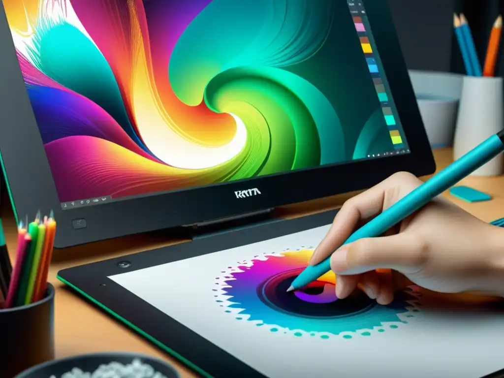 Un artista digital utiliza el software Krita para crear una ilustración detallada y vibrante en una tableta gráfica profesional, mostrando el potencial artístico y profesional de los editores gráficos open source