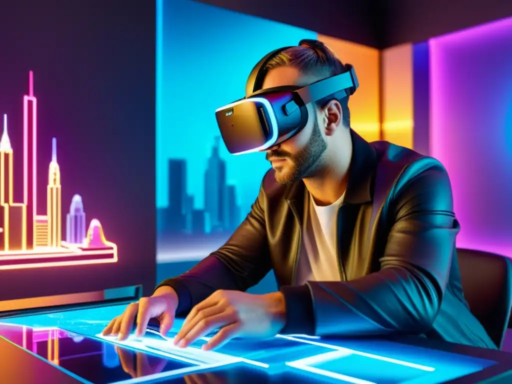 Artista 3D usando gafas VR y estilus para crear arte 3D realidad virtual software de ciudad futurista holográfica