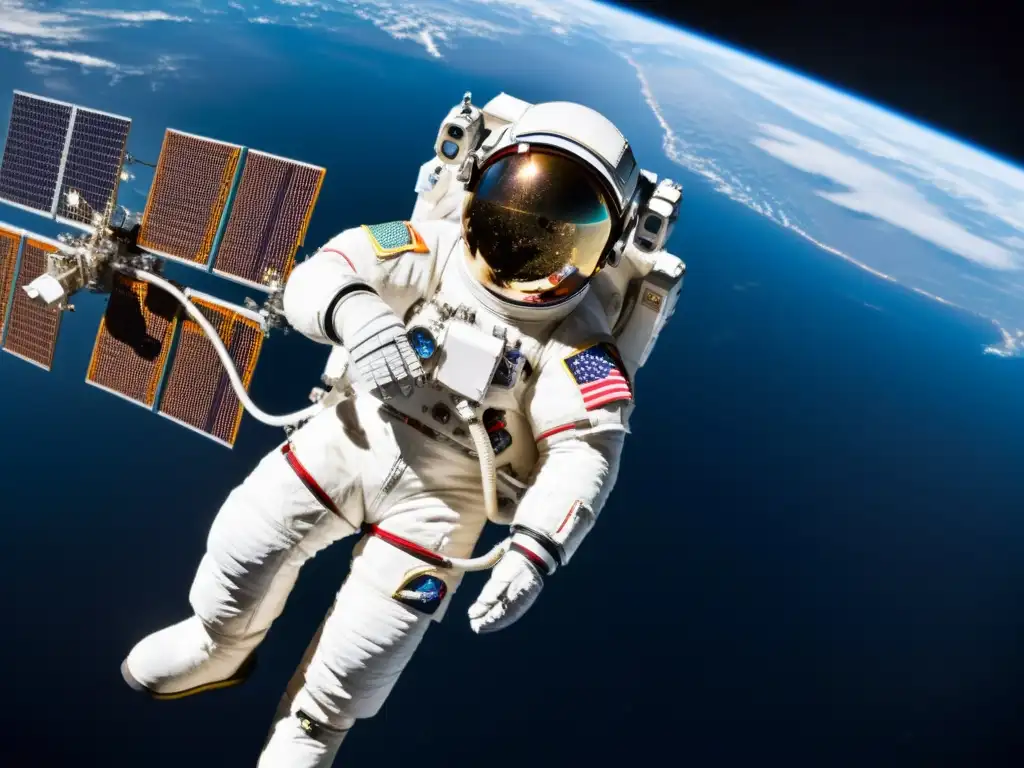 Exploración espacial: Código abierto en la Estación Espacial Internac Un astronauta flotando en el espacio con código de software libre, simbolizando cómo el software libre contribuye a la exploración espacial