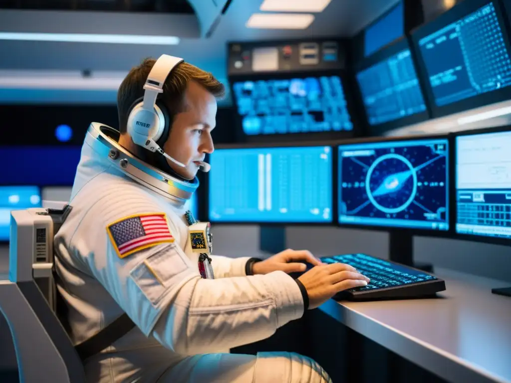 Astronauta en la estación espacial interactuando con Linux Un astronauta trabaja en una estación espacial, rodeado de tecnología avanzada, interactuando con software de código abierto