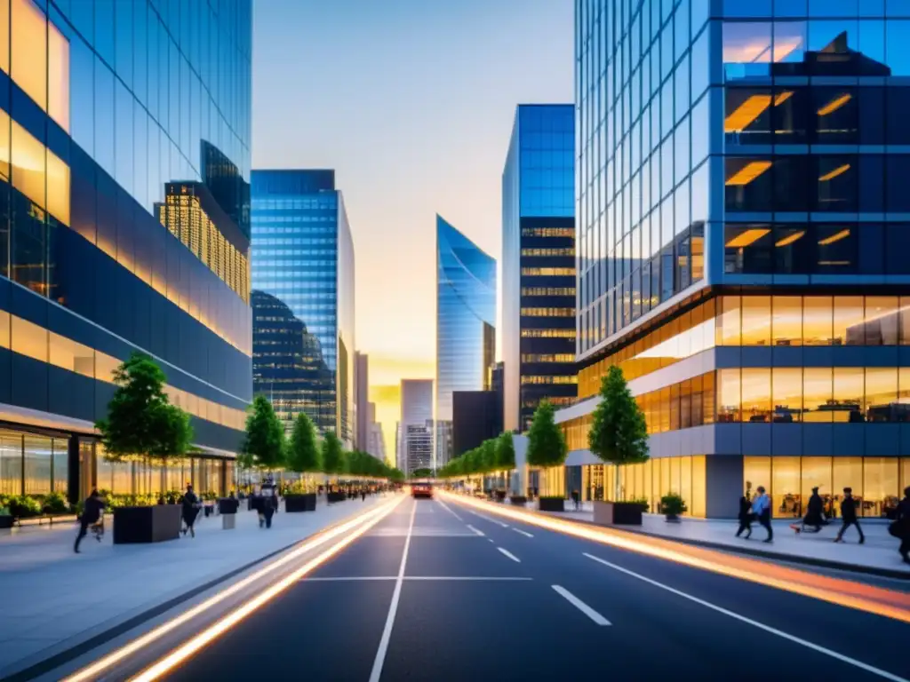 Un atardecer cálido ilumina una bulliciosa calle de la ciudad, repleta de modernos edificios de oficinas