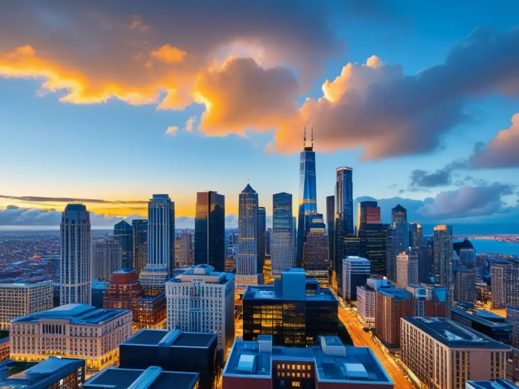 Un atardecer dorado ilumina una bulliciosa ciudad con rascacielos modernos, simbolizando la historia del código abierto en la nube